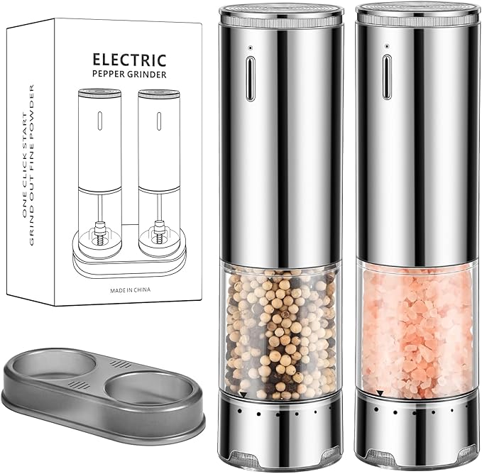 Electric Salt and Pepper Grinder Set Automatic Refillable Salt and Pepper Grinders with LED Light Pepper Grinder Kitchen Gadgets Adjustable Coarseness,One Handed Operation, Large Capacity