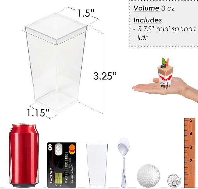 DLux 100 x 3 oz Mini Dessert Cups with Spoons and Lids, Square Tall - Clear Plastic Parfait Appetizer Cup - Small Reusable Serving Bowl for Party Desserts Appetizers - With Recipe Ebook