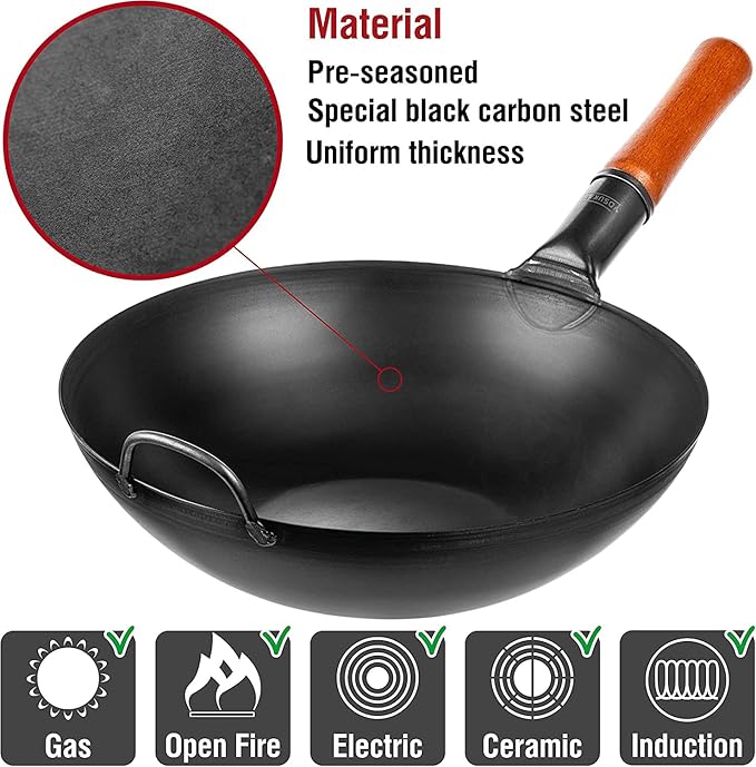 YOSUKATA Carbon Steel Wok Pan ??13,5 ??Stir Fry Pans with Flat Bottom + Premium Wok Cover 13.5 inch Pan Lid + 17?쇺?Spatula and Ladle
