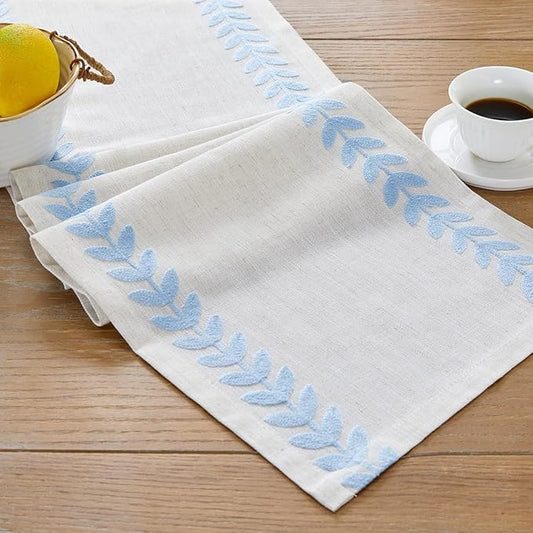 Wracra Embroidered Table Runner Irregular Willow Leaf Table Runners 108 Inches Long for Dresser Home Dining Table Decor,14 x 108 Inch, Blue