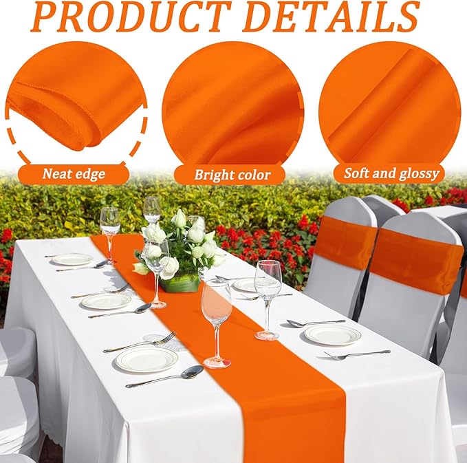 Bencailor 24 Pcs Orange Satin Table Runner Bulk 12 x 108 Inches Long Table Runners Bright Smooth Fabric Tablecloth for Wedding Banquet Birthday Valentines St Patrick's Day Party Decorations