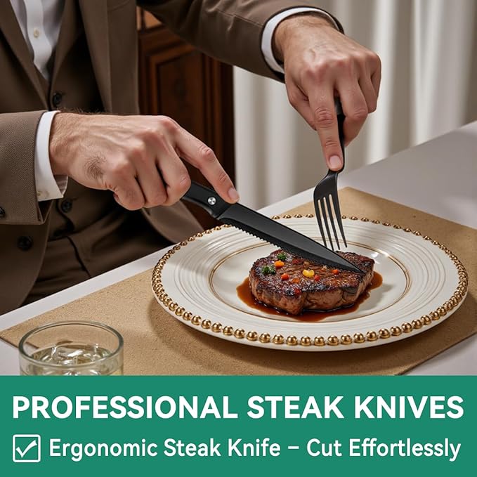 49-Piece Black Silverware Set with Organizer, Stainless Steel Flatware Set for 8 with Drawer Tray, Cutlery Steak Knives Fork Spoon for Home Restaurant, Mirror Finish
