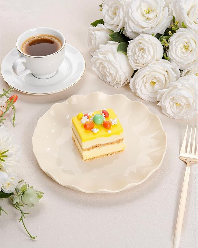 LIYH 20 Pcs Beige Plastic Plates Reusable 7.5 Inch - Unbreakable Plastic Dessert Plates - Scalloped Cake Plate for Weddings Camping Party Outdoor Picnics Dishwasher Safe BPA Free