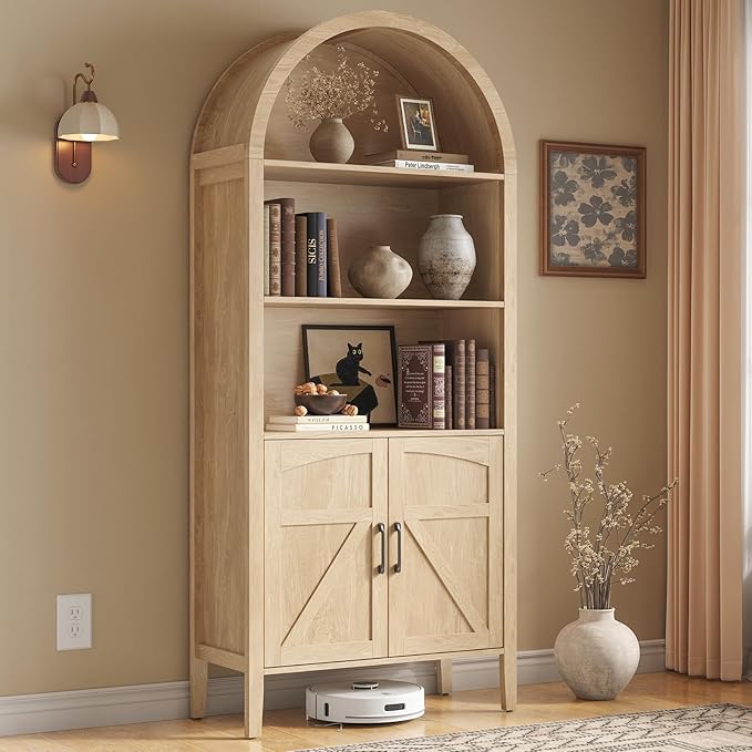 ONBRILL 71" Tall Arched Bookshelf, 5-Tier Arched Bookcase with Door & Storage Cabinet, Farmhouse Display Bookshelf Cabinet with Adjustable Shelf, Freestanding Wood Bookcase for Home Office, Study
