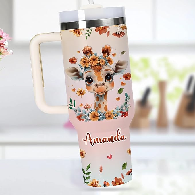 AGGLOMEKC Personalized Cute Giraffes Cup - Mother's Day Birthday Gift For Animal Lovers - Just A Girl Who Loves Giraffes Tumbler 40oz With Custom Name - Pet Lover Gifts For Women, Her