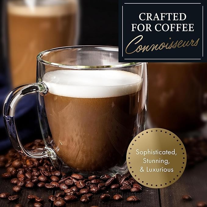 Elixir 16 oz Large Double Wall Coffee Mug Set of 2 - Double Wall Glass Coffee Cup - Large Coffee Mug - Insulated Glass Coffee Mugs with Handle for Hot Drinks Tea