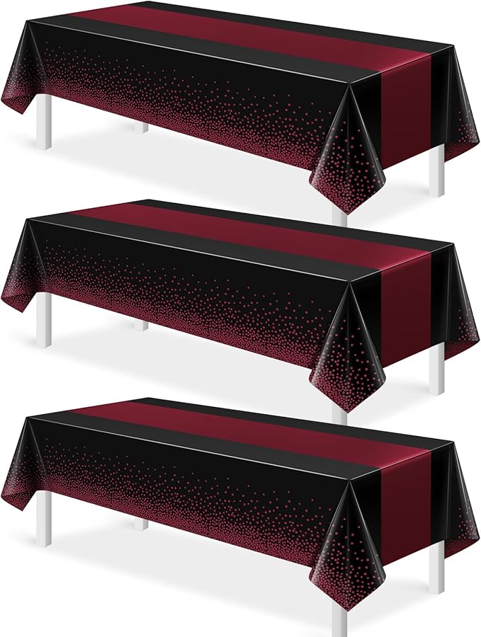 3Pcs Black and Maroon Tablecloth Party Decorations,Plastic Black Table Cloth Printed Maroon Table Runner Disposable Rectangle Table Cover for Birthday Wedding Graduation Anniversary Party,54x108Inch
