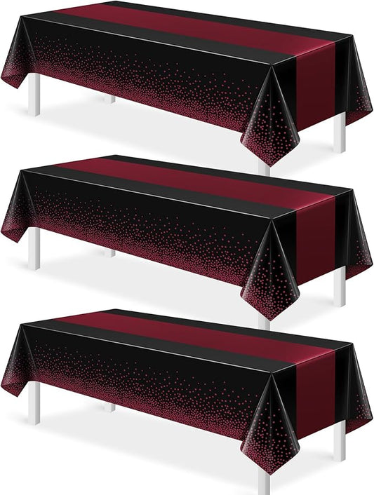 3Pcs Black and Maroon Tablecloth Party Decorations,Plastic Black Table Cloth Printed Maroon Table Runner Disposable Rectangle Table Cover for Birthday Wedding Graduation Anniversary Party,54x108Inch