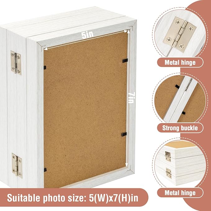 5x7 Four Picture Frame 4 Hinged Photo Frame with 4 Openings, Natural Wood Foldable Photo Frame with High Definition Acrylic for Birthday Father's Day Christmas Gift, Rustic Desk Family Picture Collage, White