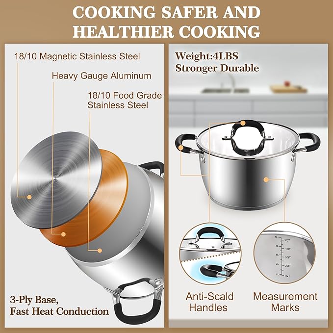 AOSION 6 Quart Steamer Pot With Lid, Nonstick Ceramic Steam Pot with Ladle (Stainless Steel Stockpot)