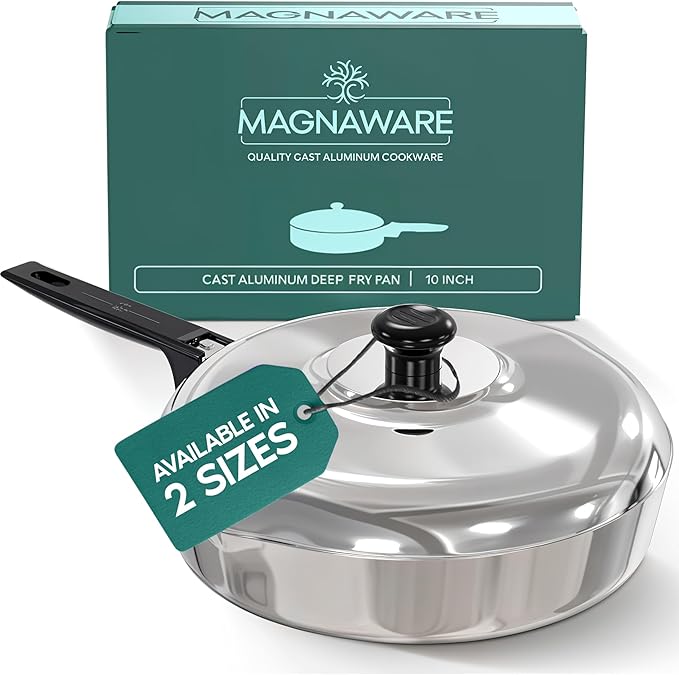 Cast Aluminum Saut챕 Pan with Lid 10 inch - Oven Safe Deep Frying Pan with Lid, Two Side Spouts and Ergonomic Stay-Cool Handle for Comfortable Grip and Pouring (3 Quart)