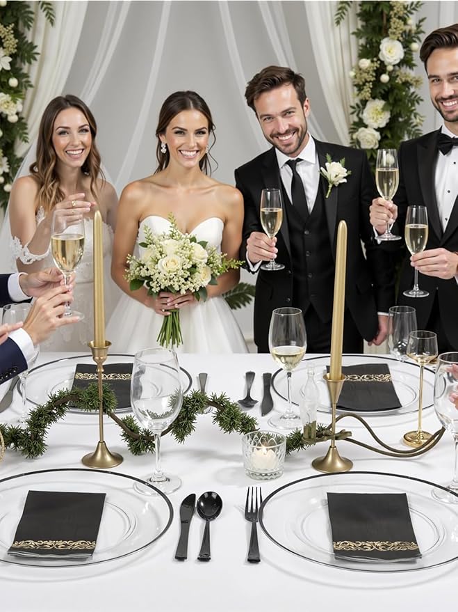 WDF 25 Pack Black Charger Plates - Clear Charges with Black Trim - 12inch Disposable Chargers Plates for New Year/Dinner Party/Wedding/Birthday