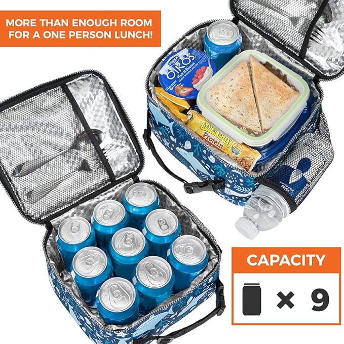 opux Insulated Lunch Bag Kids, Lunch Box for School Boy Girl, Leakproof Small Reusable Compact Soft Mini Cooler Bag, Toddler Small Lunch Boxes Kit Pail with Front Side Pockets (Blue Shark)