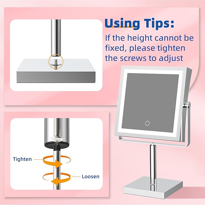 Ruacq Rechargeable Makeup Mirror, 4000mAh Lighted Makeup Mirror with Magnification 1X/10X, Height Adjustable Vanity Mirror with Lights, 3 Color Lights, Adjustable Brightness, 360°Rotation (Chrome)