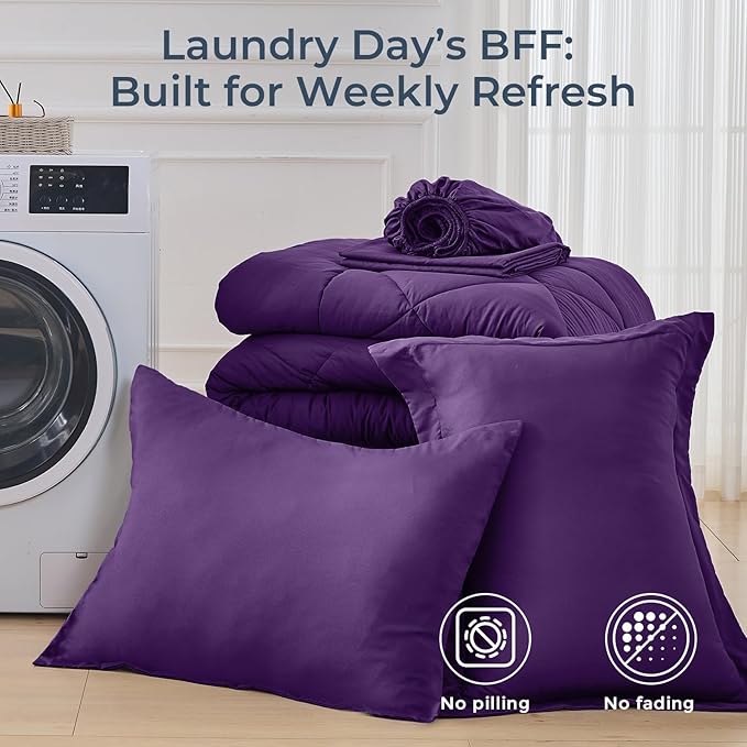 HEVUMYI Purple Twin Comforter Set - 5-Piece All Season Bed in a Bag Twin, Ultra Soft Bedding Set with Comforter, Flat Sheet, Fitted Sheet, Pillowcases, Pillow Shams