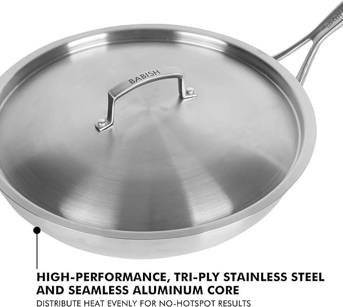 Babish 12-Inch Tri-Ply Stainless Steel Frying Pan with Lid ??Professional Grade Skillet for Searing, Saut챕ing & Even Heat Cooking