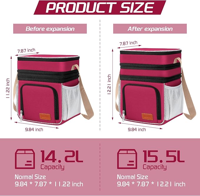 ZRSUN Insulated Lunch Bag for Women Men, Reusable 3 Layers Lunch Box Women, Expandable Reusable Water-resistant Lunch Box for Work Travel Office Picnic Hiking (Red)