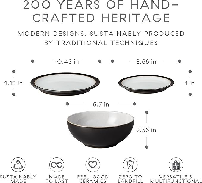 Denby - Elements Black 3 Piece Set For 1 - Contemporary One Person Ceramic Tableware - Dishwasher & Microwave Safe, Scratch Resistant Stoneware - Includes 1 x Large Plate, Side Plate & Cereal Bowl
