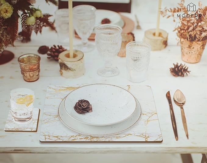 Moderry Set of 4 Heat Resistant Cork Placemats for Dining Table with Free Set of 4 Matching Drink Coasters Marble Design 16 x 12 Inches Cork Backed Hard Placemats (Foiled Gold)