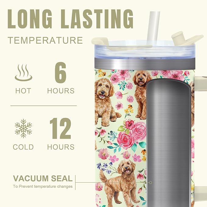 Yogusut Goldendoodle Gifts for Women, 40oz Stainless Steel Insulated Tumbler Travel Mug Cup with Handle Straw, Gifts for Dog Mom Dog Lover