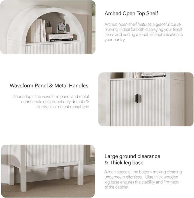 71" Tall Arched Fluted Storage Cabinet - Modern Pantry Cabinet with 4-Tier Shelves, Open Display & Sealed Storage, Accent Sideboard for Living Room Kitchen Dining Room (Antique White)