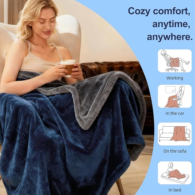 Electric Heated Blanket Throw 50" x 60" Soft Dual-Sided Flannel Fast Heating 12 Heat Levels 1??2H Timer & Overheat Protection & Auto Shut-Off & ETL FCC & Machine Washable (Single 50''x60'')