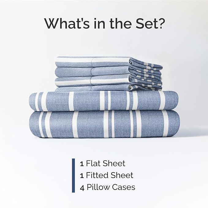 Full 6 Piece Sheet Set - Cooling & Breathable Bed Sheets - Hotel Luxury Bed Sheets for Women, Men, Kids & Teens - Bedding w/Deep Pockets & Easy Fit - Soft & Wrinkle Free - Full Blue Stripes Sheets