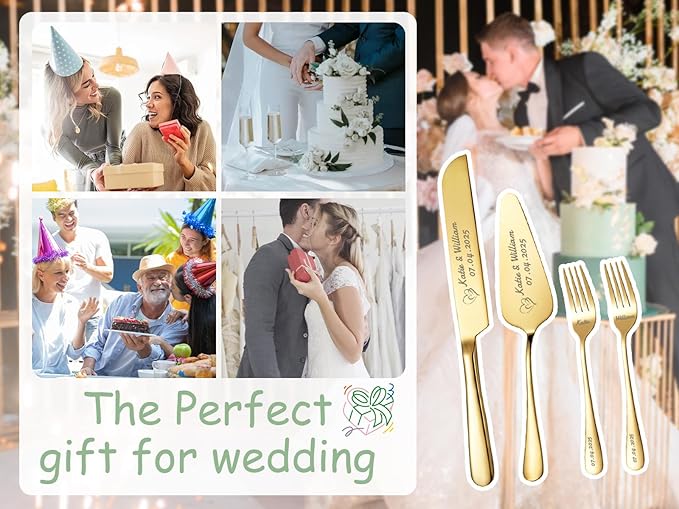 HJX Personalized Cake Knife and Server Set for Wedding - Engraved Stainless Steel Cake Cutting Set, Custom Elegant Cake Cutter Gift for Anniversary Birthday (05-Gift Box Gold)