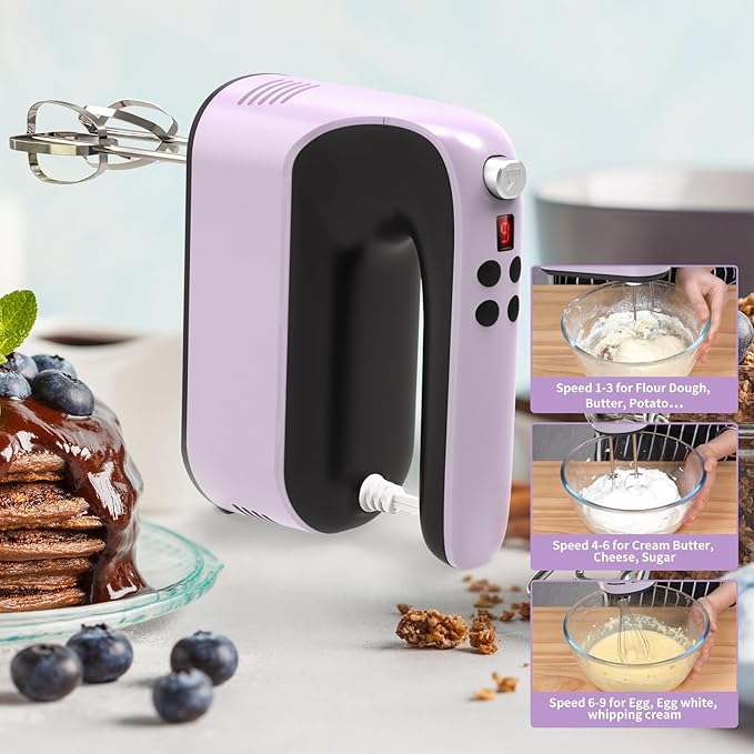 9-Speed Digital Hand Mixer Electric, 400W Powerful DC Motor, Baking Handheld with Snap-On Storage Case, 5 Stainless Steel Accessories, Flat Beaters, Dough Hooks, Whisk(Purple/Black)