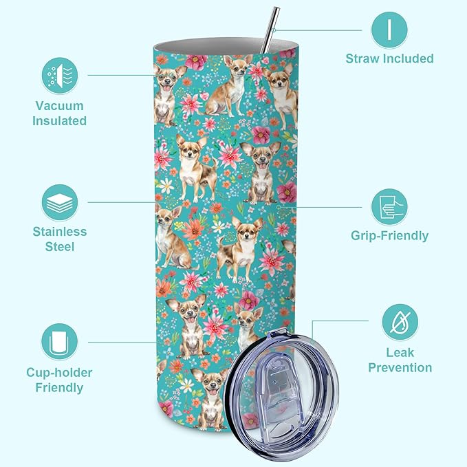 Yogusut Chihuahua Gifts for Women, 20oz Stainless Steel Insulated Tumbler Travel Mug Cup with Lid Straw Brush, Gifts for Dog Mom Dog Lover