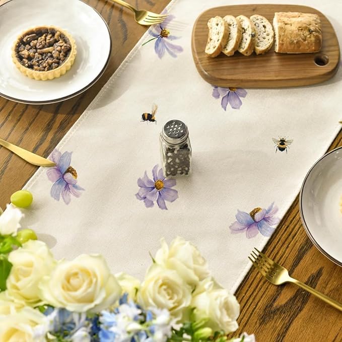 ZCHOMI Spring Purple Floral Table Runner 13x72 Inch Watercolor Flowers Seasonal Kitchen Dinning Table Decoration for Indoor Outdoor Home Party D챕cor