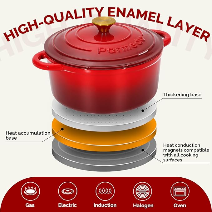 5.5 QT Enameled Cast Iron Dutch Oven ??Heavy-Duty Red Pot with Lid & Dual Handles, Ideal for Bread Baking, Stews & Roasting ??Includes Recipe Book