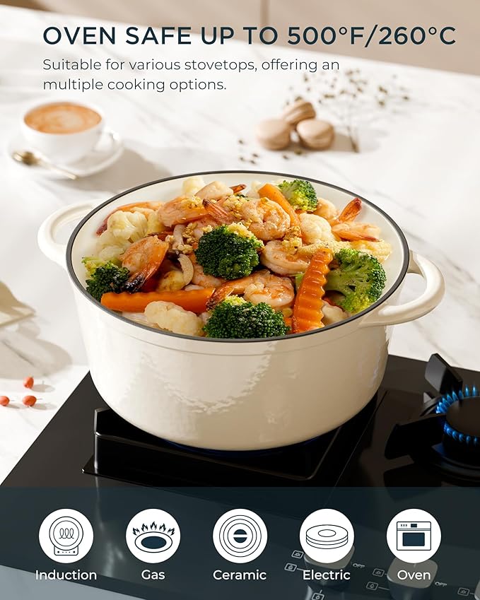 Enameled Cast Iron Dutch Oven - 4.5QT Pot with Lid & Cotton Potholders - Heavy-Duty Cookware for Braising, Stews, Roasting, Bread Baking, Oven Safe up to 500째 F & Across All Cooktops, Cream White