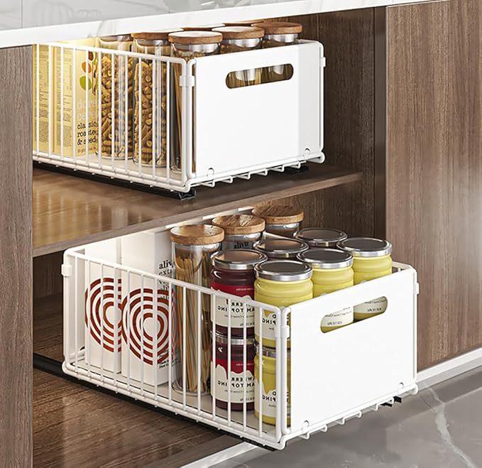 Pull Out Cabinet Organizer Slide Out Drawer Storage Shelves Cupboard Organiser Sliding Cabinet Basket for Kitchen No Drilling and Nailing (White, 4Piece 9.8"W X15"D X 7.5"H)