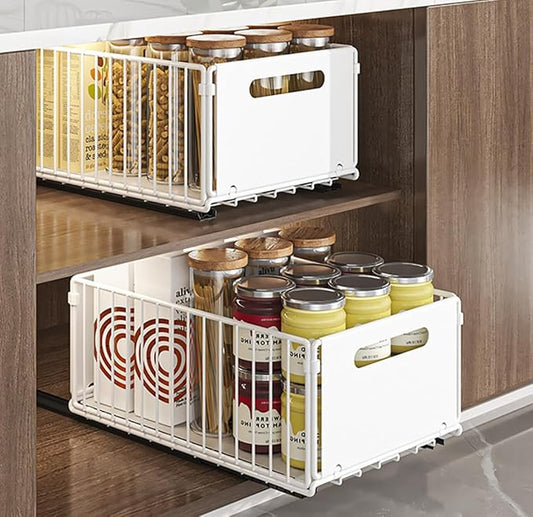 Pull Out Cabinet Organizer Slide Out Drawer Storage Shelves Cupboard Organiser Sliding Cabinet Basket for Kitchen No Drilling and Nailing (White, 2Piece 9.8" W X15 D X 7.5" H)