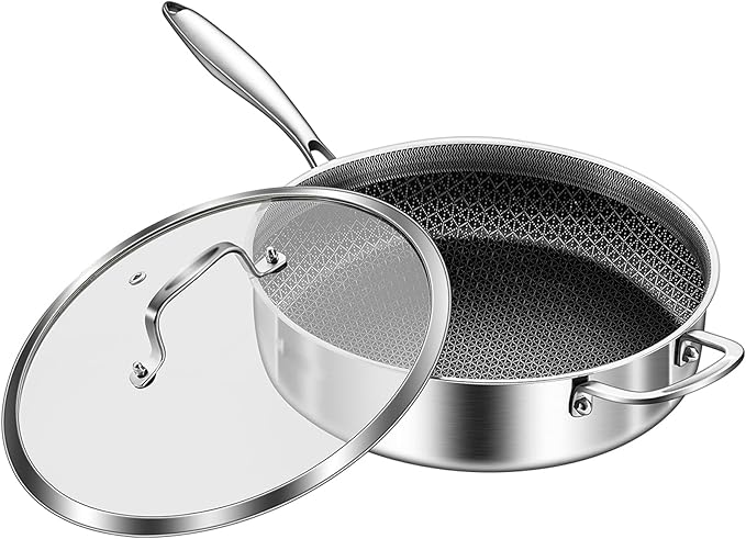 DELARLO Tri-Ply Stainless Steel 12 Inch Deep Frying Pan with lid,7QT Saute Pan Nonstick,Compatible with All Cooktops,Oven Up to 660??Chicken Fryer,Dishwasher-Friendly