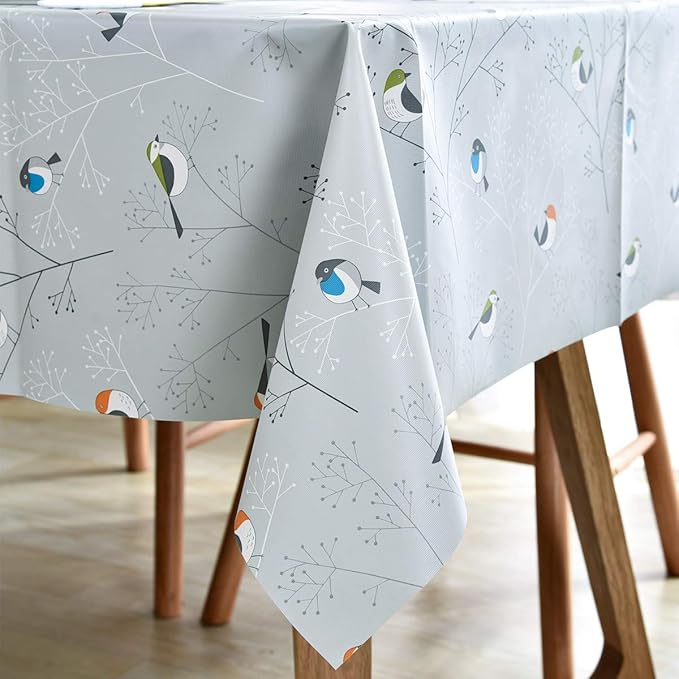 LOHASCASA Vinyl Oilcloth Tablecloth Oblong Spillproof Waterproof Wipeable Thick PVC Plastic Oblong Tablecloths for Dining Table Eid Tablecloths - Bird Silver Grey 54 x 84 Inch