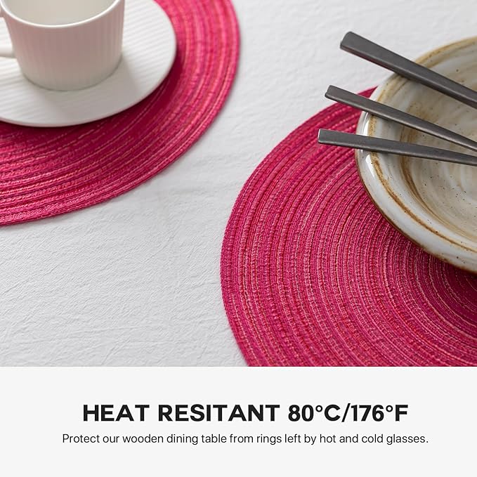 Round Placemats Set of 8 Woven Placemats Washable Braided Table Mats for Dining Table Heat Resistant Non-Slip Circle Place Mats(Pink)
