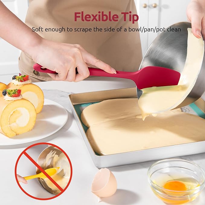 U-Taste Flat Spatula & Spoon Spatula: 11.38in 600쨘F Heat Resistant Silicone Bowl Scraper, Flexible Rubber Kitchen Cooking Mixing Utensil with Upgraded Non-Stick Surface (Set of 2, Red)