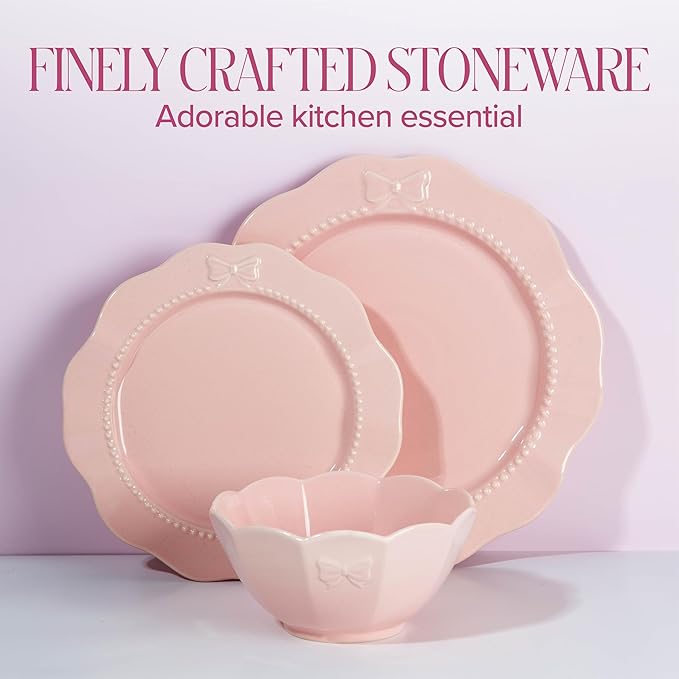 Paris Hilton 12-Piece Dinnerware Set, Embossed Bow Design, Iconic Ceramic Stoneware Service for 4 with Dinner Plates, Salad Plates, and Bowls, Microwave & Dishwasher Safe, Pink