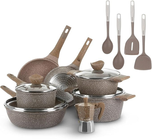 15Pcs Pots and Pans set for cooking nonstick, Aluminum cookware set with glass lids, Coffee maker and nylon kitchen tools, Induction safe, PFOA-free (15)