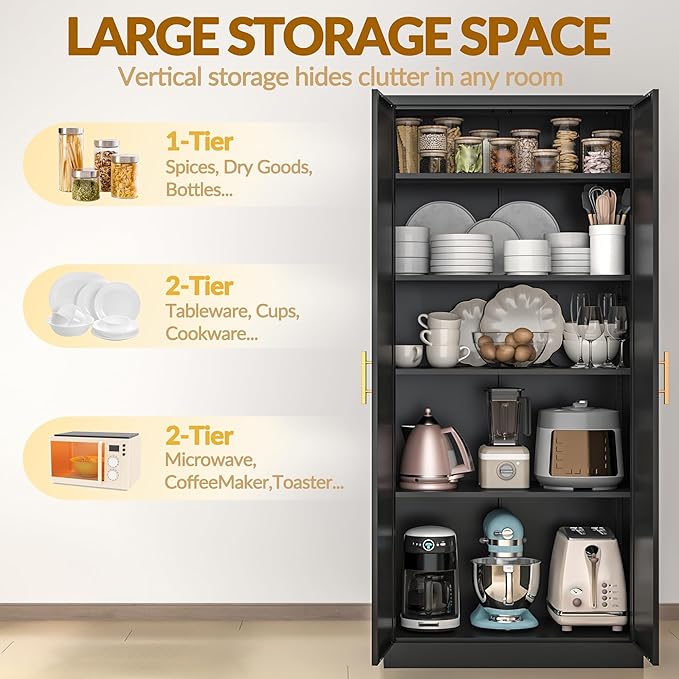 Kitchen Pantry Cabinet,71??Metal Tall Pantry Storage Cabinet with Doors and 4 Adjustable Shelves,Kitchen Storage Cabinets Black Freestanding Food Cabinet for Pantries, Kitchen, Livingroom, Dining Room