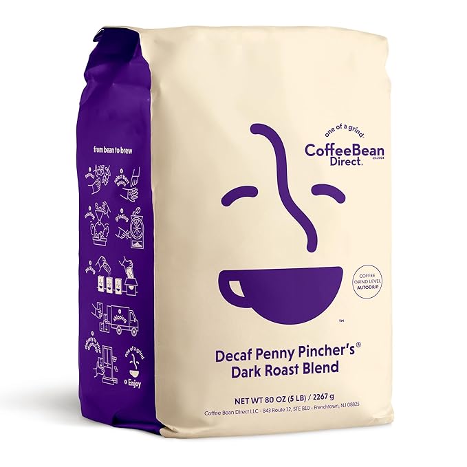 Coffee Bean Direct Decaf Penny Pincher's짰 Dark Roast Blend, Ground Coffee, Dark Roast, 5 Pound Bag (Pack of 1)