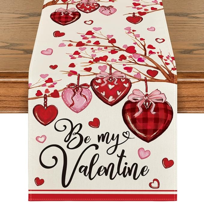 Artoid Mode Stripe Heart Valentine's Day Table Runner, Be My Valentine Anniversary Kitchen Dining Table Decoration for Home Party Decor 13x36 Inch