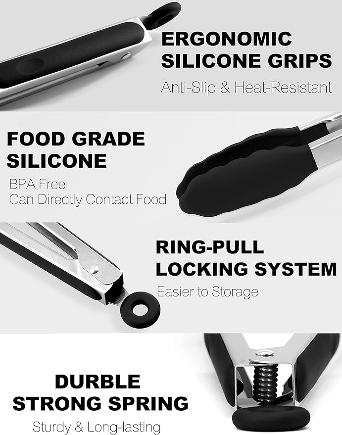 Anaeat Non-Stick Silicone Locking Tong - Stainless Steel 7" Mini Kitchen Food Tongs with Non-Slip Silicone Tips and Grip for Cooking, Baking and BBQ - Heat Resistant up to 480째F (Black)