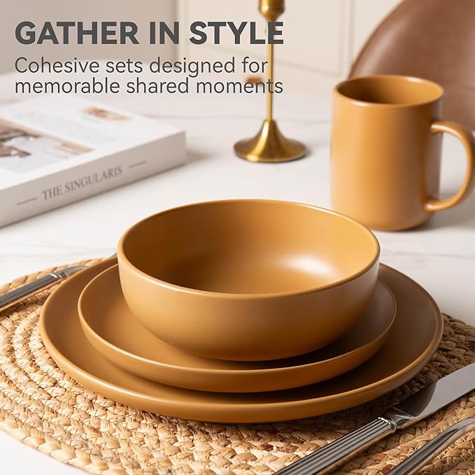 Furrnook 12-Piece Stoneware Dinnerware Set with Mugs | Microwave and Dishwasher Friendly | Stackable Matte Glaze Plates & Bowls | Service for 3 (Orange for 3)