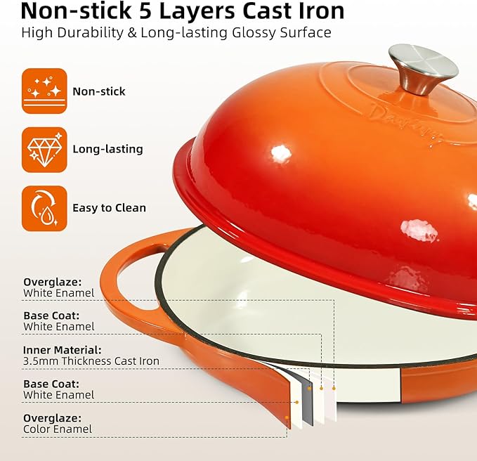 Davivy 6QT Oval Cast Iron Sourdough Dutch Oven with Silicone Baking Mat, Dutch Oven for Sourdough Bread, Non-stick Cast Iron Bread Cloche Bread Pan - Flame Orange