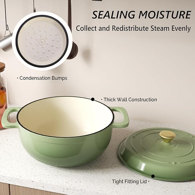 VINGLI 6QT Enameled Cast Iron Round Dutch Oven Pot with Lid, NonStick Casserole Pot with Dual Handles & Silicone GlovesRed, Oven Safe up to 500째F or on Stovetop, Dutch Oven for Bread Baking, Green