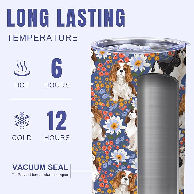 Yogusut Cavalier King Charles Spaniel Gifts for Women, 20oz Stainless Steel Insulated Tumbler Travel Mug Cup with Lid Straw Brush, Gifts for Dog Mom Dog Lover