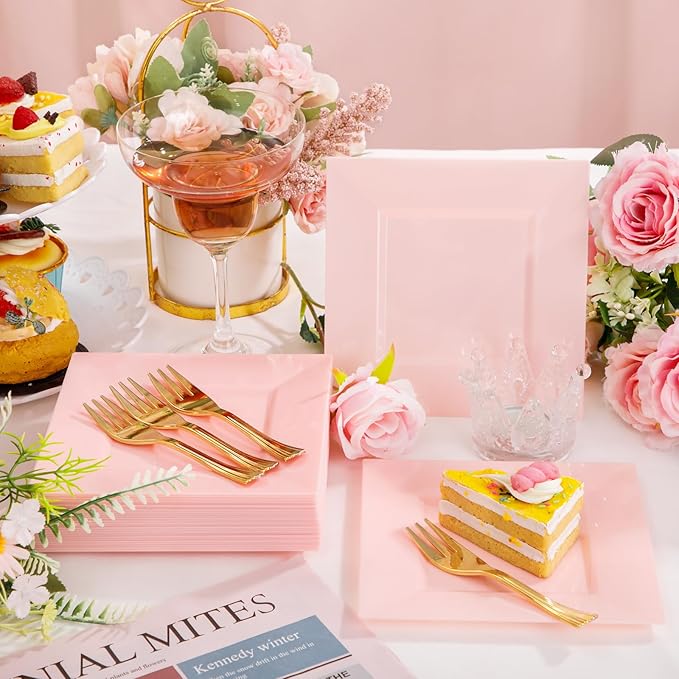 supernal 200pcs Square Pink Dessert Plates with Gold Plastic Forks,Appetizer Pink Plate Disposable with 100 Square Dessert Plates 6" and 100 5" Gold Forks Perfect Valentine Day Birthday Wedding
